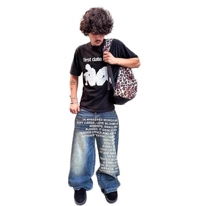 Calça Jeans Streetwear Retrô Hip-Hop Masculina Casual Perna Larga Estampada Solta