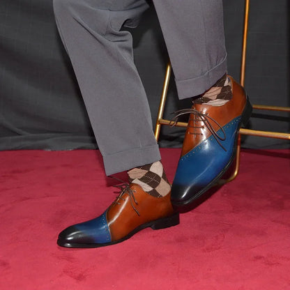 High Quality Men's Genuine Leather Wedding Dress Shoes Pointed Toe Lace-Up Formal Oxfords in Brown/Blue for Party Dinner