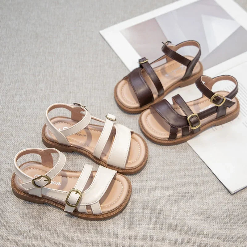 Girls Roman Sandals Open Toe Little Kids Leather Sandals with Buckle Open Toe Children Summer Beach Shoes Non-Slip Soft Sole