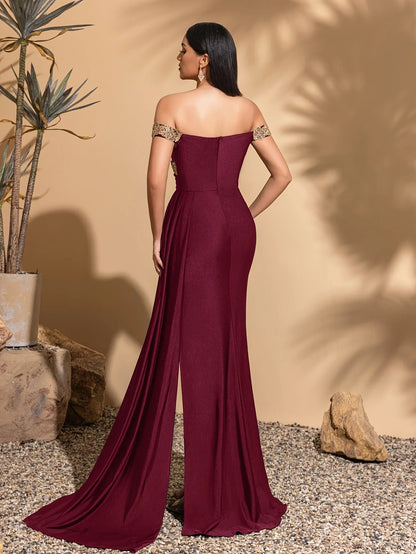 Off-the-shoulder lace neckline, pleated waist and side ribbon slit dress