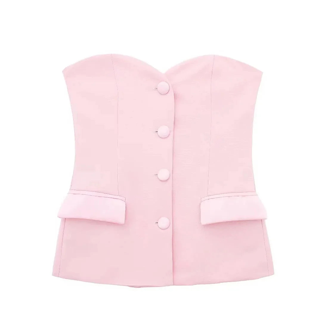 Summer Women Elegant White Top Front Button Corset Tube Top Strapless Sleeveless 2024 Fashion Y2k Female Chic Top