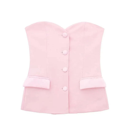 Summer Women Elegant White Top Front Button Corset Tube Top Strapless Sleeveless 2024 Fashion Y2k Female Chic Top