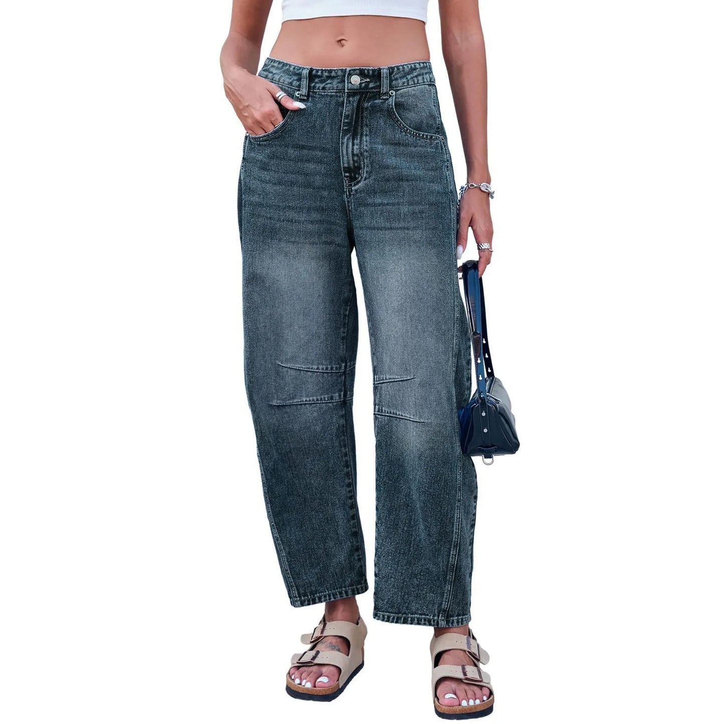 Women's Mid Rise Barrel Jeans Wide Leg Mid Waist Cropped Denim Pants