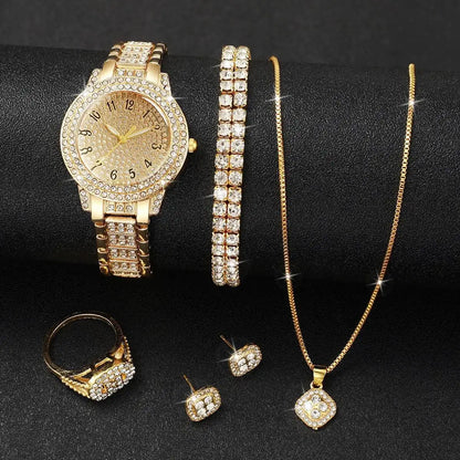 6PCS/Set Luxury Full Diamond Women Watches Fashion Ladies Quartz Wristwatch Jewelry Set Reloj Mujer（Without Box）