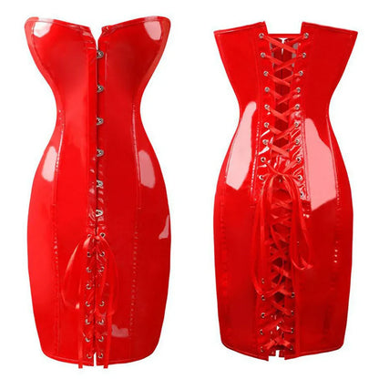 Hot Black/Red Long PVC Leather Corset Dress Sexy Women Gothic Waist Tranier Body Slim Club Vinyl Latex Mini Dress S-2XL