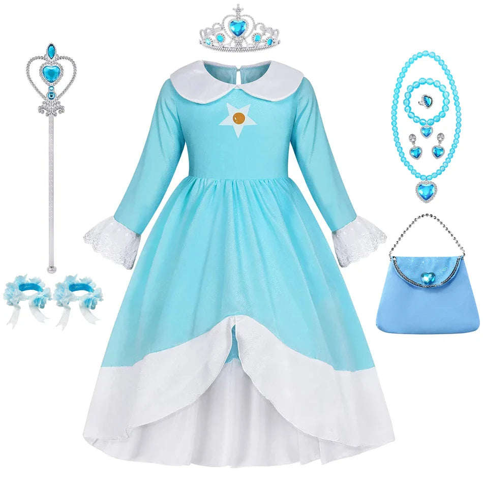 Rosalina Dress Girls Peach Cosplay Kids Party Princess Costume Birthday Blue Dresses Children Clothing