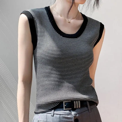 2026 Spring Summer O-Neck Striped Vest Top Simple Slim Fit Sleeveless Casual Versatile Women's Tank Top