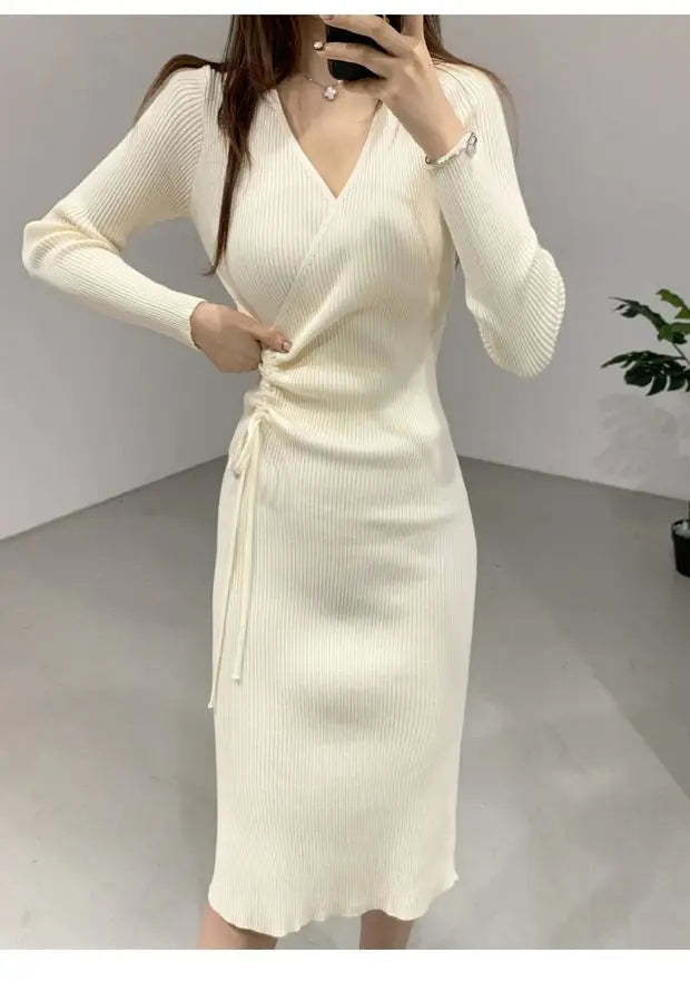 V-ne Knitted Wrap Waist Slimming Mid-length A-line Dr Women's Sweater Dr Korean Sle High Waist Long Sve
