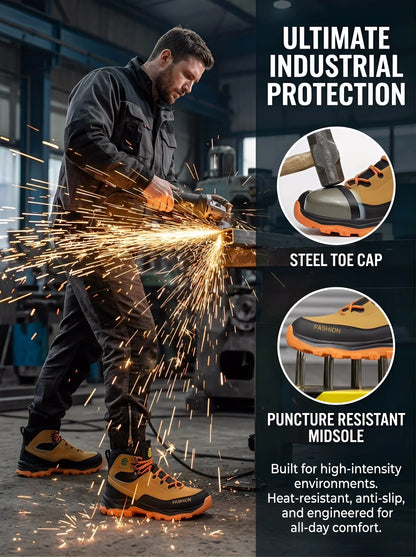 Men Mid Top Safety Work Boots Water Repellent Steel Toe Anti Smash Anti Puncture Wear Resistant Non Slip Industrial Construction