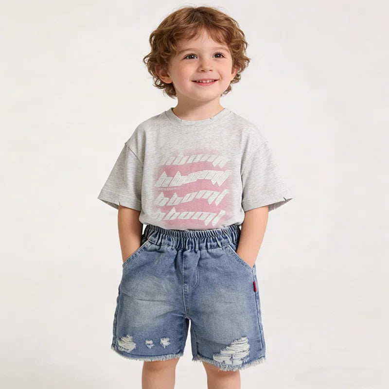 Toddler Boys 2Pcs Summer Outfits Letter Print Short Sleeve T-Shirt Ripped Denim Shorts Set Kids Boys Casual Daily Clothes 2-6Y