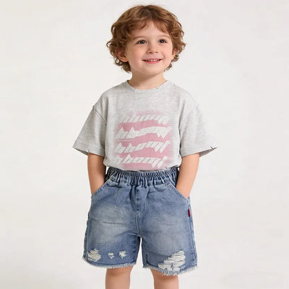 Toddler Boys 2Pcs Summer Outfits Letter Print Short Sleeve T-Shirt Ripped Denim Shorts Set Kids Boys Casual Daily Clothes 2-6Y