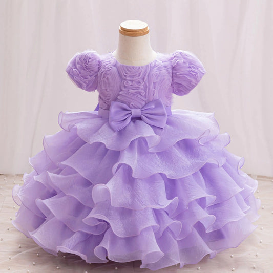 Vestido de Bebê Primavera/Verão 2025, vestido de festa de aniversário de fio macio com flores tridimensionais, apresentação de piano, vestido de menina elegante e fofo.