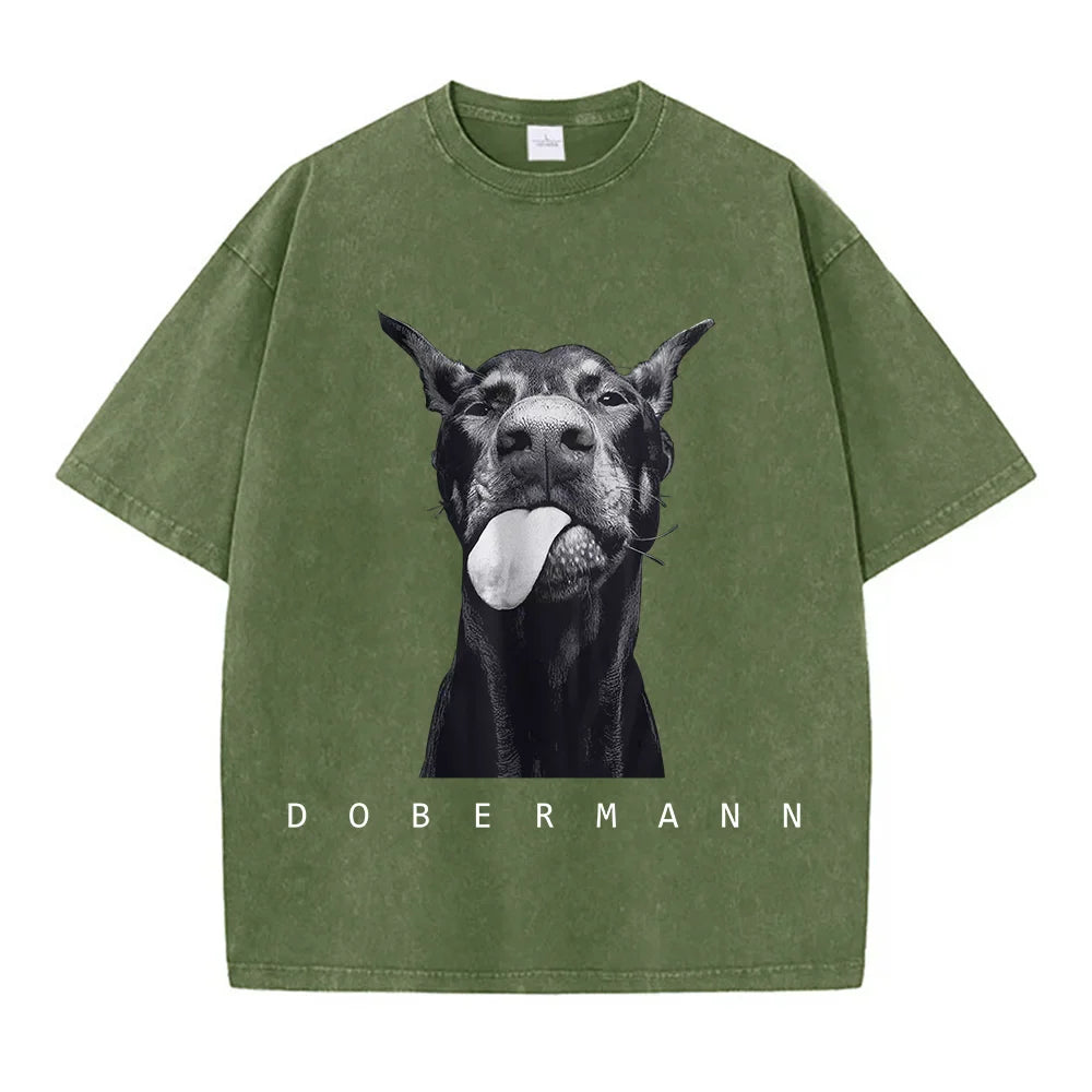 Camisetas femininas de algodão lavadas, moda criativa, estampa de Doberman, manga curta, gola redonda, folgadas, estilo destroyed, roupas femininas de rua