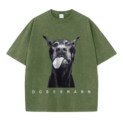 Camisetas femininas de algodão lavadas, moda criativa, estampa de Doberman, manga curta, gola redonda, folgadas, estilo destroyed, roupas femininas de rua