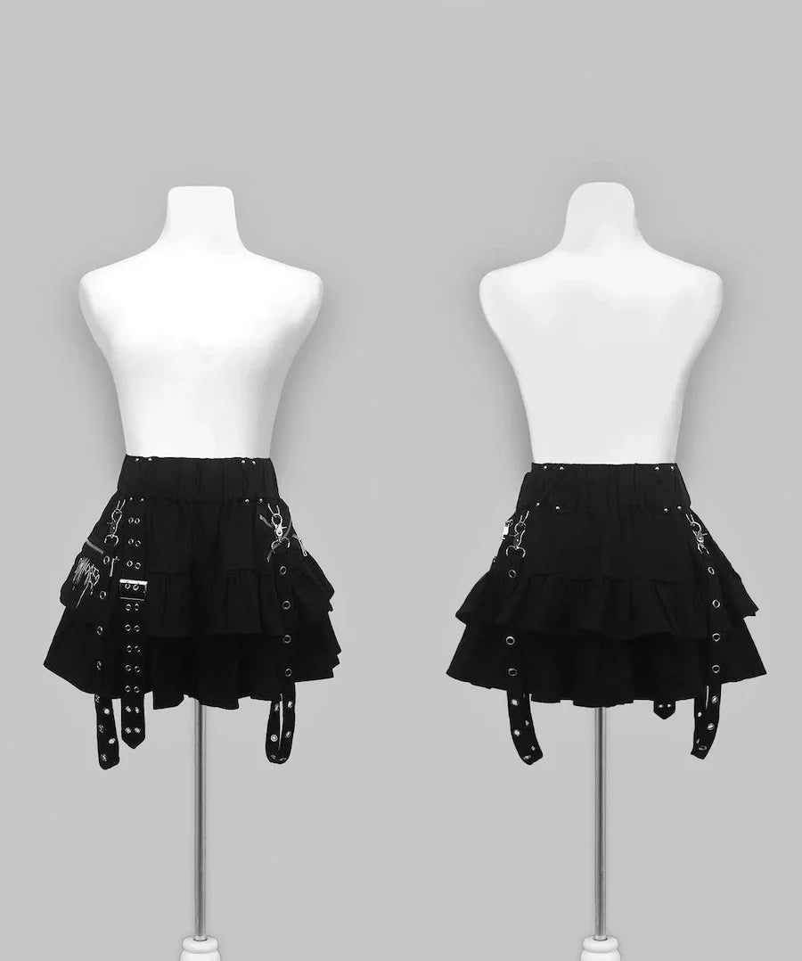 Japanese Style Mine Harajuku Punk Metal Buckle with Packet Decorative Ruffled Short Skirt Sweet Cool Girl Women's Plaid Skirt