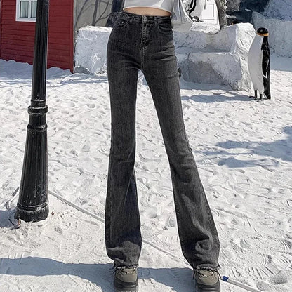 2024 Woman High Waist Vintage Flare Jeans Female Gothic Elastic Bell Bottom Pants Lady Streetwear Blue Black Grey Denim Trousers