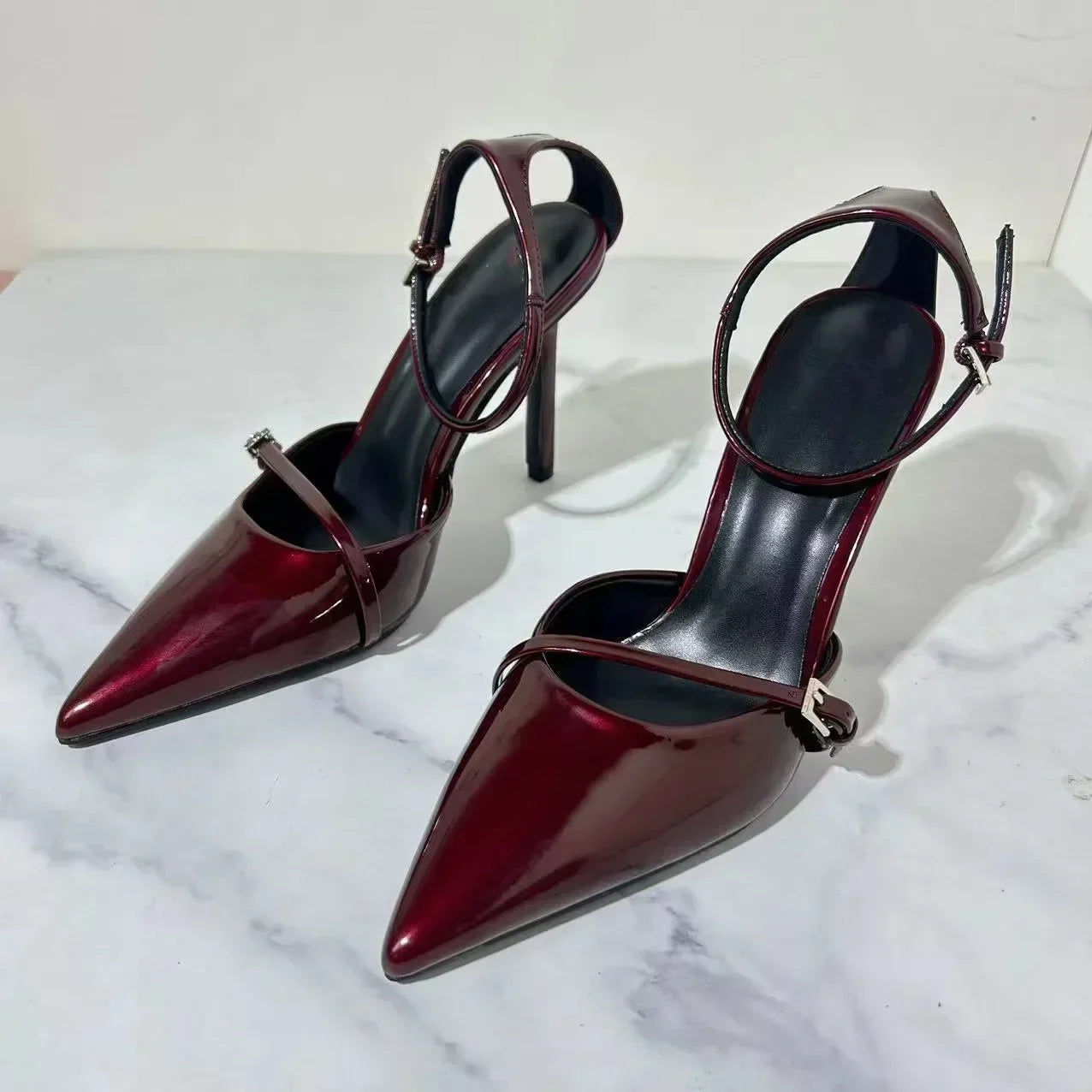 Ankle Strap Thin High Heels Women Summer Patent Leather Luxury Banquet Wedding Shoe Elegant Pointed Toe High Heeled Sandals
