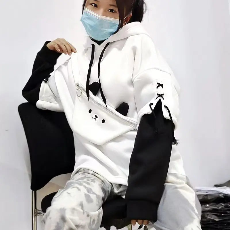 3XL Harajuku Aesthetic Bear Anime Hoodie Women Korean Kawaii Crewneck Long Sleeve Oversize Streetwear Kpop Y2K Winter Cloth Top
