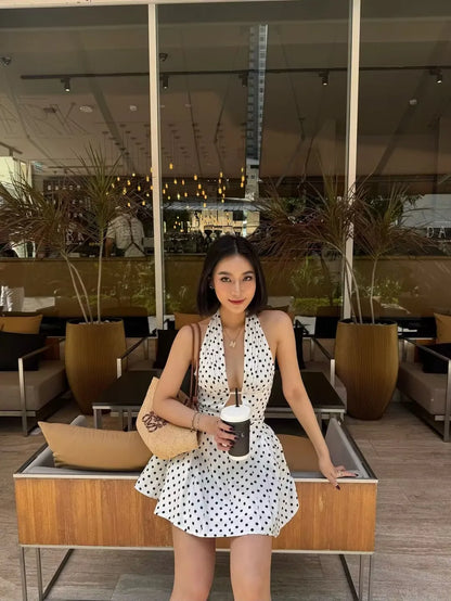 French Style Retro Polka Dot Deep V Halter Dress Women Sexy Backless A-line Slim Sweet Elegant Mini Dresses Summer Robe