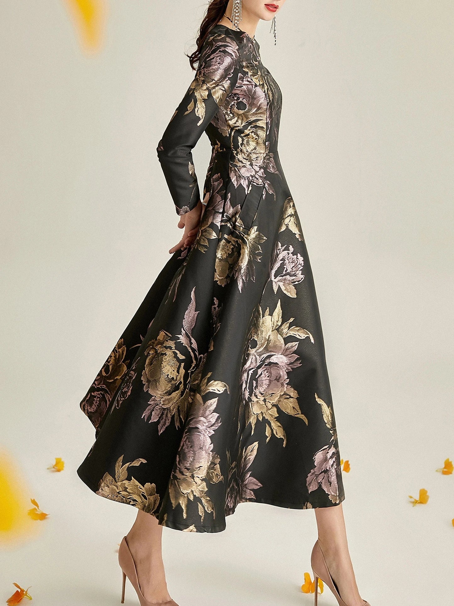 Luxury Women Long Maxi Jacquard Dress Spring Autumn Boho Floral Fashion Clothing Ladies Party Evening Ball Gown