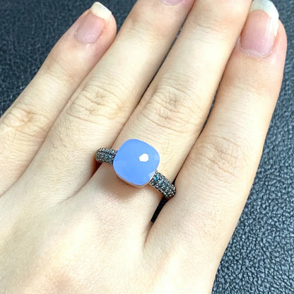 10.6mm Elegant Blue Topaz Zircon Ring Dual Tone Black Gun & Rose Gold 30 Colors Candy Crystal Jewelry Gift for Women