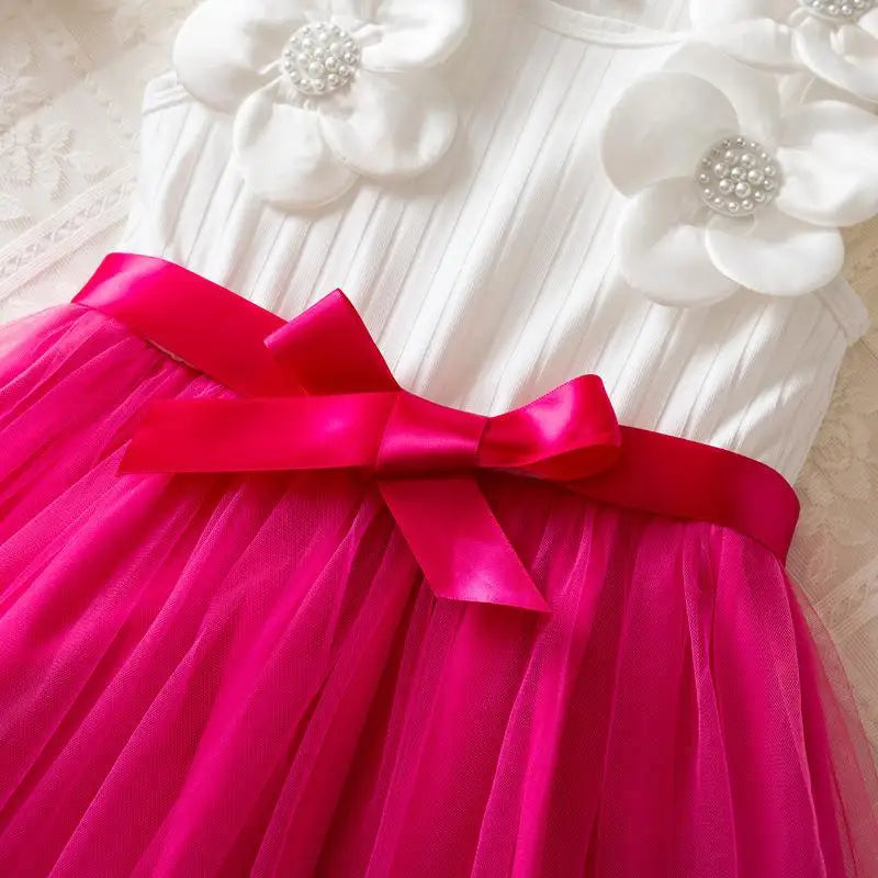 Vestido de Aniversário Infantil Menina Sem Mangas Elegante Flor 3D Tule Princesa Vestido de Verão 3-7 Anos Malha Doce Roupa Presente de Aniversário
