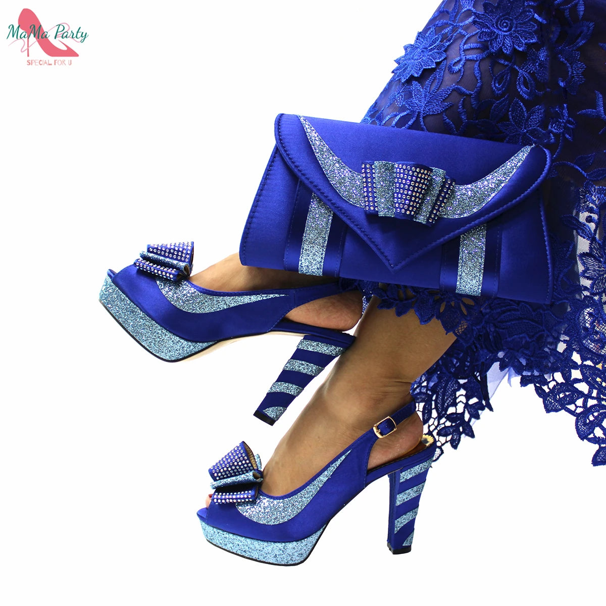 Fashion Pretty Peep Toe African Women Shoes Matching Bag Set in Silver Color Elegant Style Platform Sandals for Party