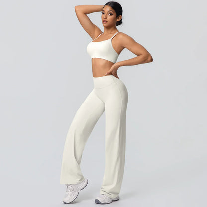 Women Gym Sports Yoga Suit Sexy Beautiful Back Yoga Underwear With Chest Pad Solid Color High Waisted Wide Leg Pants Yoga Set