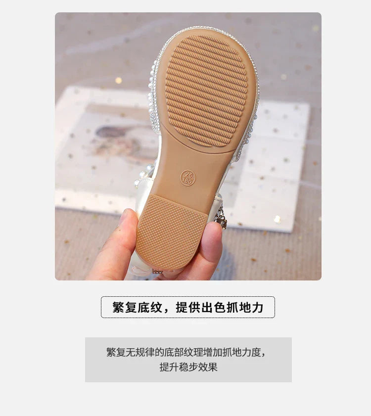 2025Summer Girls Sandals With Heel Fashion Rhinestone Shiny Glitter Shoes Children Princess Bowtie Pearl Dancing Shoes