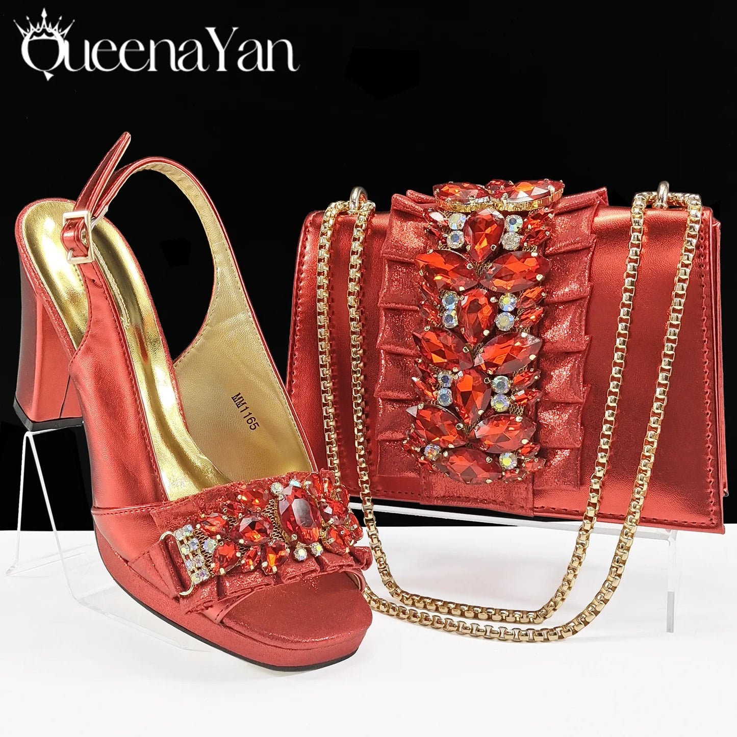 Spot goods INS Gold Color Elegant Women Heels Shoes and Bag Set Decoration Rhinestones Women High Heels Shoes