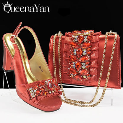 Spot goods INS Gold Color Elegant Women Heels Shoes and Bag Set Decoration Rhinestones Women High Heels Shoes