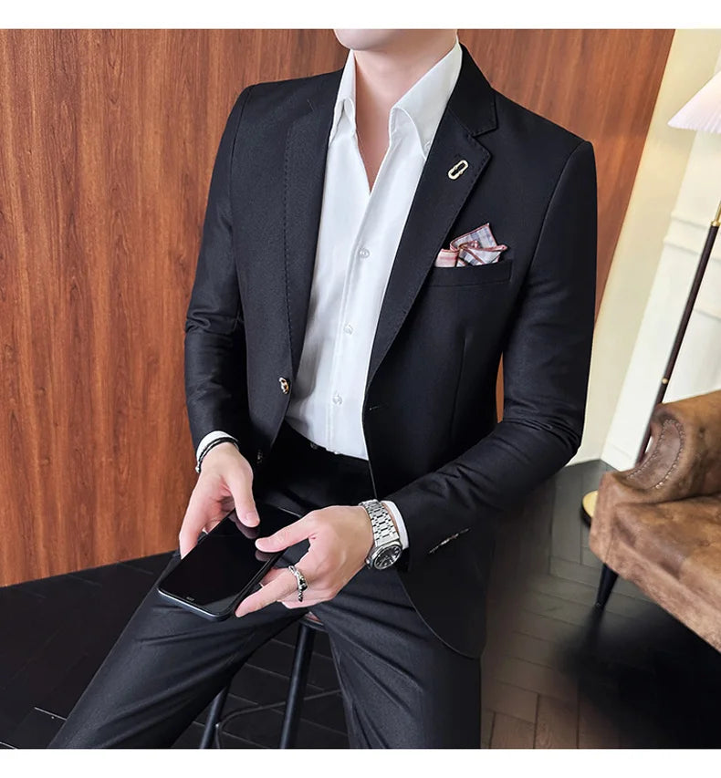 Men's Korean Style Slim Fit Suit Set, High Quality Fabric Solid Color Edge Pressing for Wedding Business