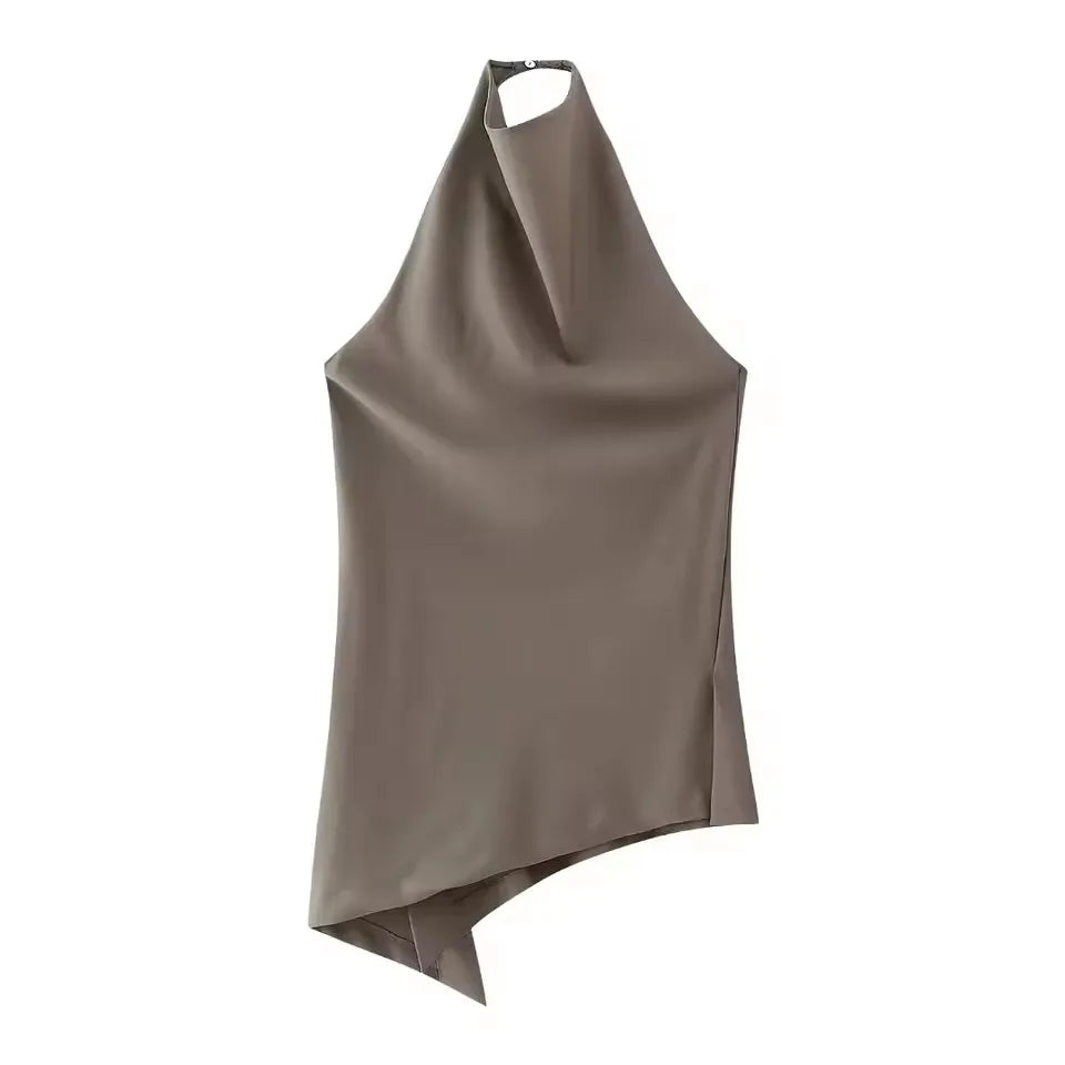 Womens Satin Halter Neck Top Asymmetrical Hem Sleeveless Blouse Elegant Party Club Summer Streetwear Crop Top