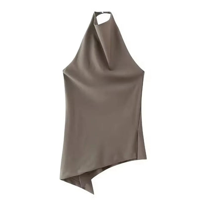 Womens Satin Halter Neck Top Asymmetrical Hem Sleeveless Blouse Elegant Party Club Summer Streetwear Crop Top