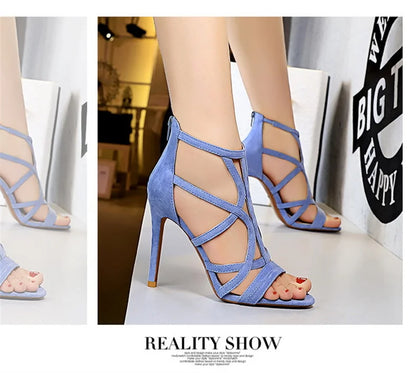 Women Roman Style Thin High Heels Pumps Pointed Toe Suede Hollow Strap Party Shoes Solid Ankle Zip Summer Sandals