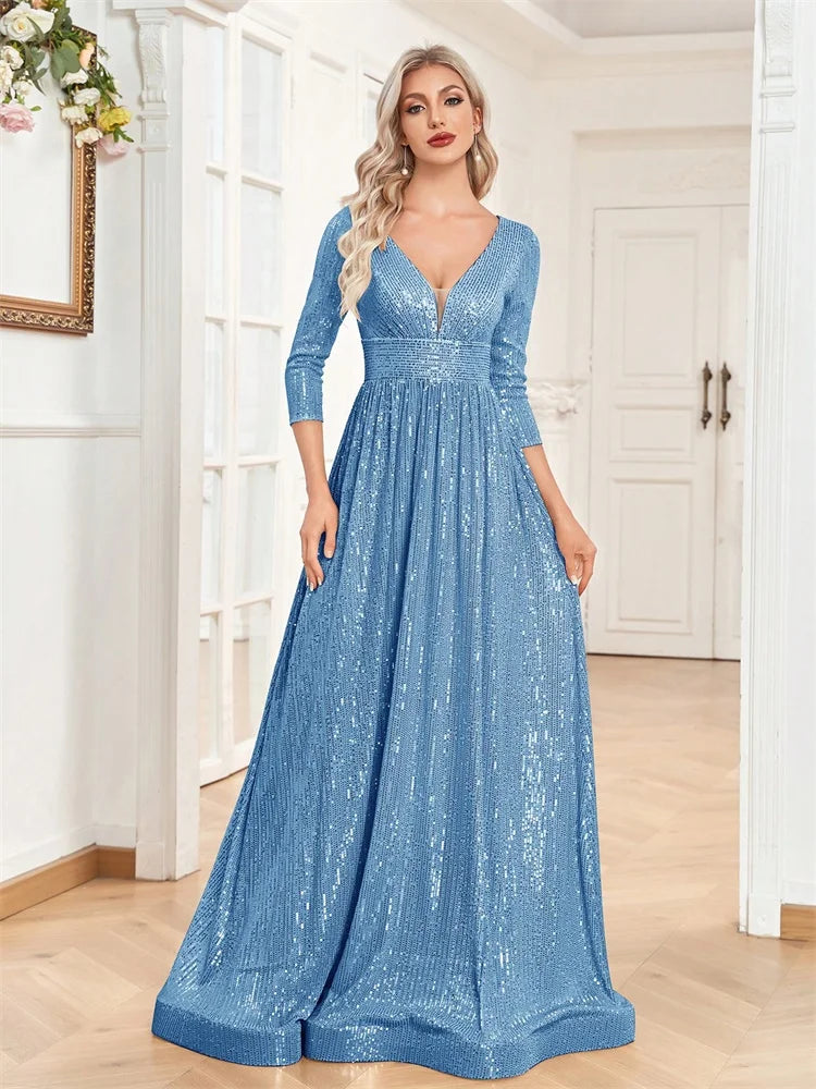 Luxury V Neck Long Sleeves Blue Sequins Formal Evening Dress Women 2024 Wedding Party Prom Maxi Cocktail Dress Gowns