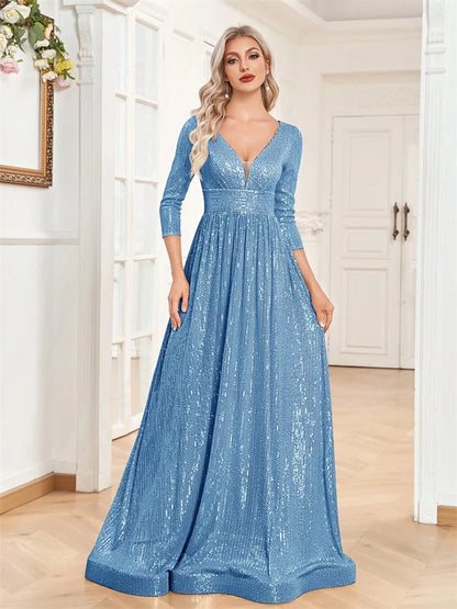 Luxury V Neck Long Sleeves Blue Sequins Formal Evening Dress Women 2024 Wedding Party Prom Maxi Cocktail Dress Gowns