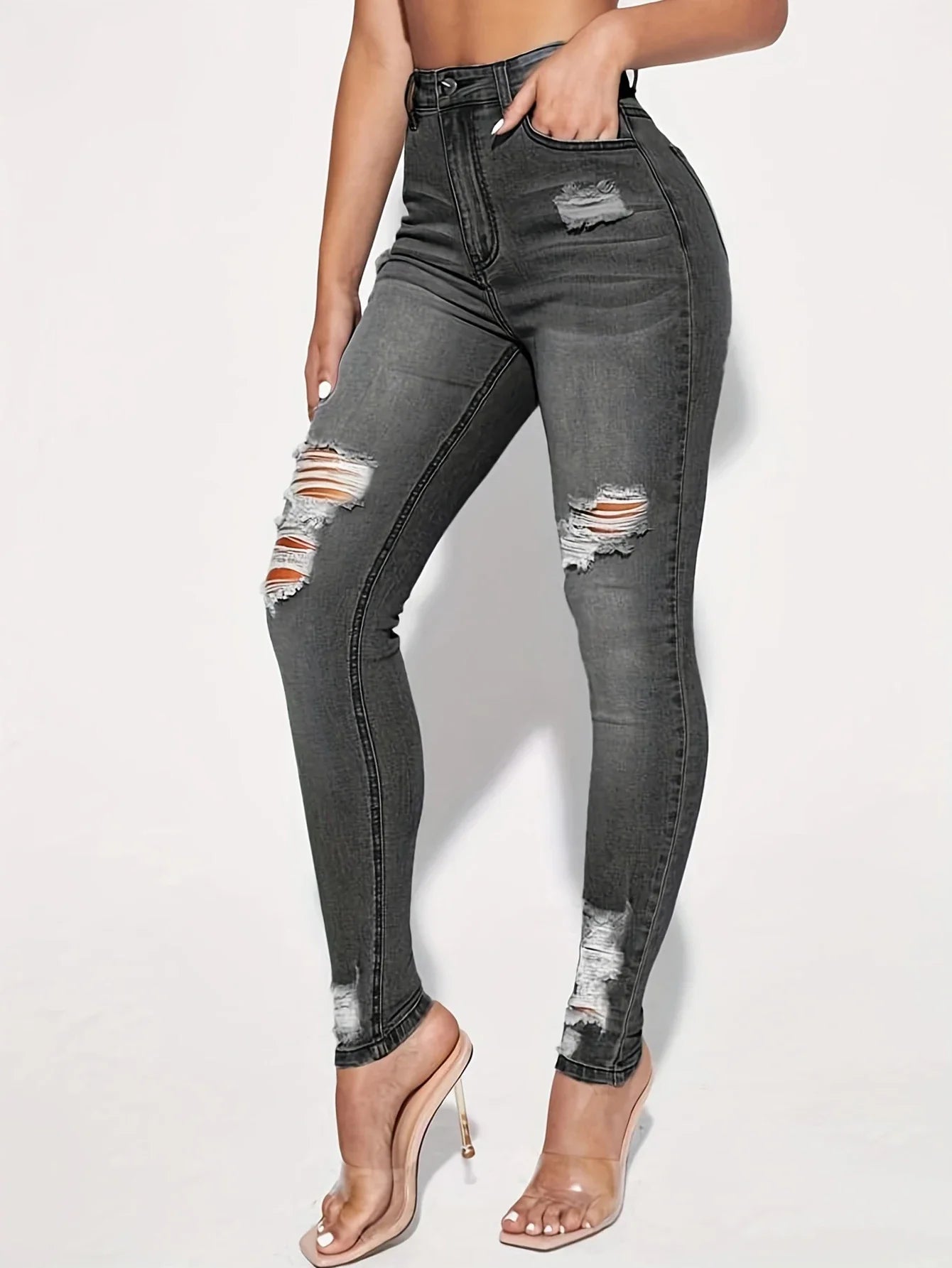 Women Fashion Mid Waist Ripped Hole Jeans