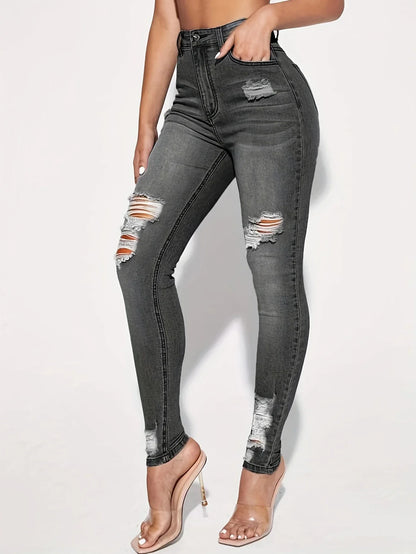 Women Fashion Mid Waist Ripped Hole Jeans
