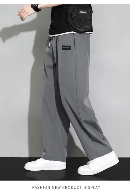 Men Drawstring Casual Pants Loose Drape Wide-leg Athleisure Pants Men Summer Thin Quick-drying Trousers Ice Silk Straight Pants