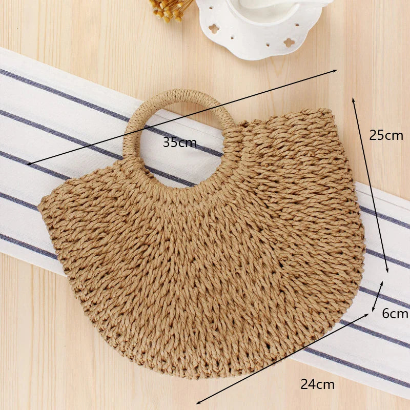 Summer Handmade Bags for Women Beach Weaving Ladies Straw Bag Wrapped Beach Bag Moon shaped Top Handle Handbags Totes