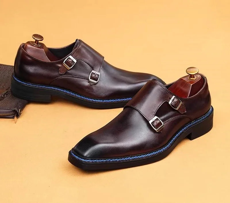 High-end Cowhide Leather Shoes For Men Square Toe Double Monk Strap Shoes Mens Dress Shoes Slip On Business Formal Shoes