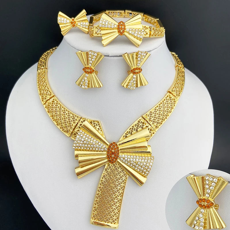 Conjunto de Joias Femininas Banhadas a Ouro 18k, Design Clássico, Colar, Brinco, Pulseira e Anel, Conjunto de 4 Peças, Joias para Festa de Casamento, Itália