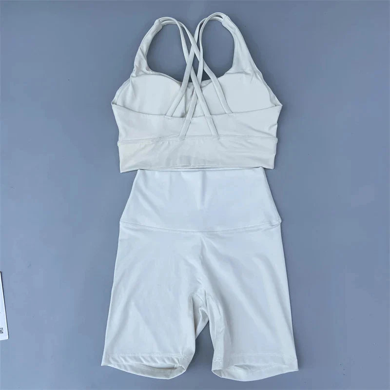 Solid Color soft gym Yoga Set short Legging +cross sport bra Tracksuit  Women Gym Suit Comprehensive Training Jogging Athletic