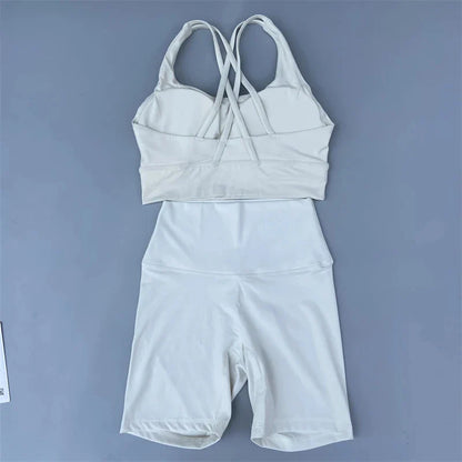 Solid Color soft gym Yoga Set short Legging +cross sport bra Tracksuit  Women Gym Suit Comprehensive Training Jogging Athletic