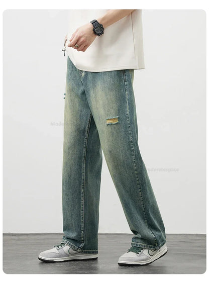 Korea Baggy Cargo Jeans Men Vintage Straight Ripped Y2k Pants Fashion Frayed High Street Distressed Denim Trousers Male Clothes