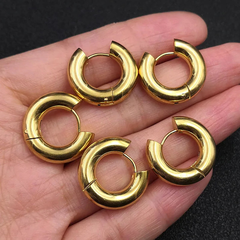 6pcs/lot Thick 3.0mm 4.0mm 5.0mm Stainless Steel Circle Hoop Earrings For Women Girls Gold Silver Color Round Geometry Earrings