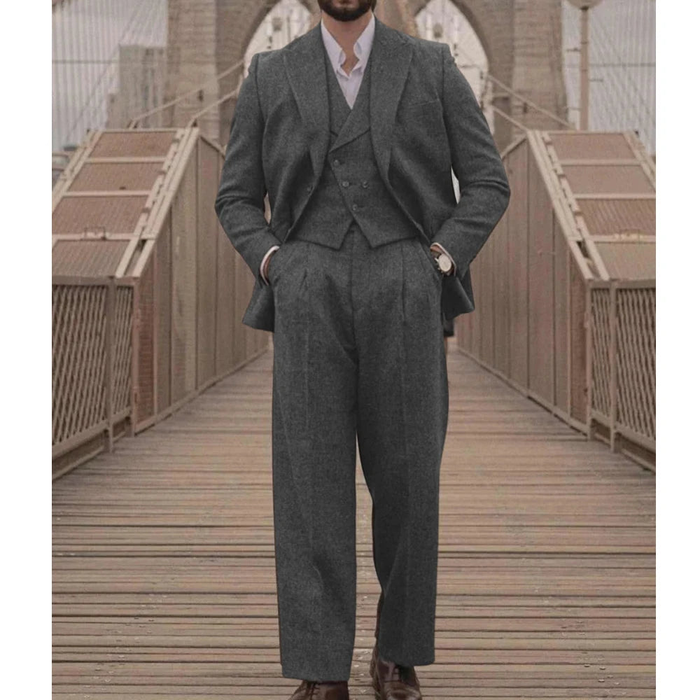 Italian Vintage Wool Bblend Men's suit 3pc Set Suit Jacket Vest Pants High Quality Men's Wool Suit Set Sports Casual Suit Coat