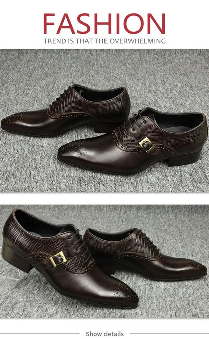 Genuine Leather Brogue Shoes Formal Oxford Lace-up  Dress Shoes Handcrafted Male Business Office Man Side Metal Buckl