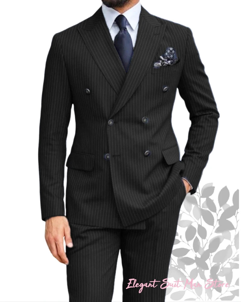 Navy Blue Men's Striped Business Suit 2-piece Set Suit Jacket Suit Pants Double Breasted Slim Fit Man Suit Groom's Wedding Suit